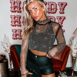 Thomas Runway Boutique- Rhinestone Black Long Sleeve Top - Shimmy All Night